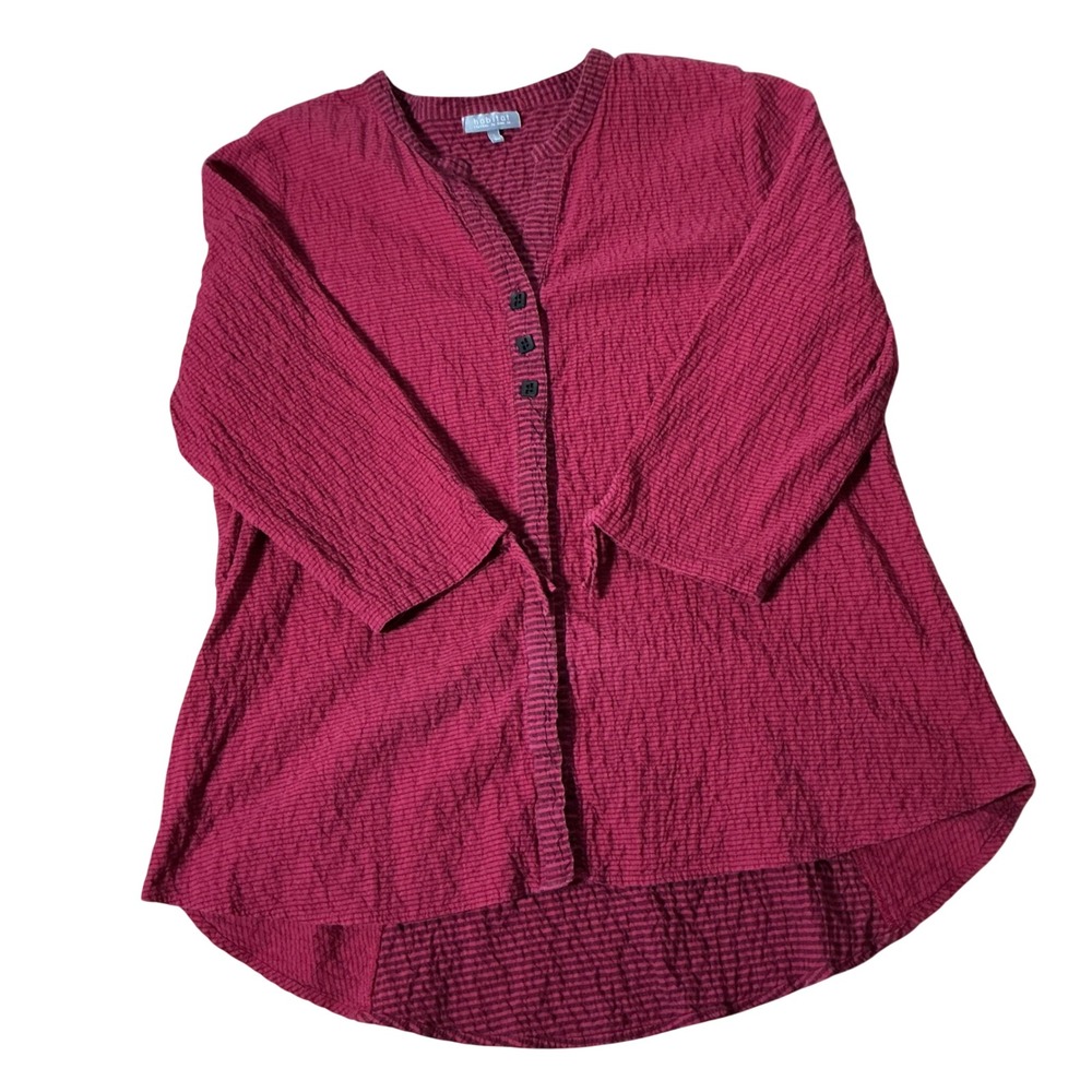 Habitat Textured Striped V-Neck Lagenlook Top Women L Red High Low Art to Wear
